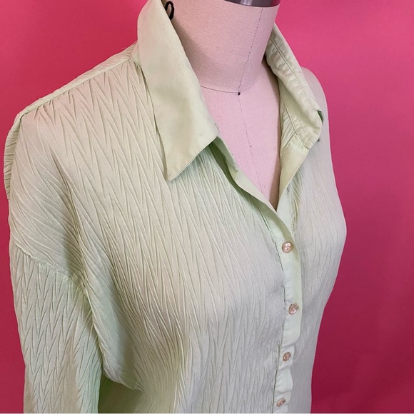 **FREE** Vintage 90s/Y2K Crinkle Lime Green ButtonDown Shirt Blouse L - Picture 3 of 9